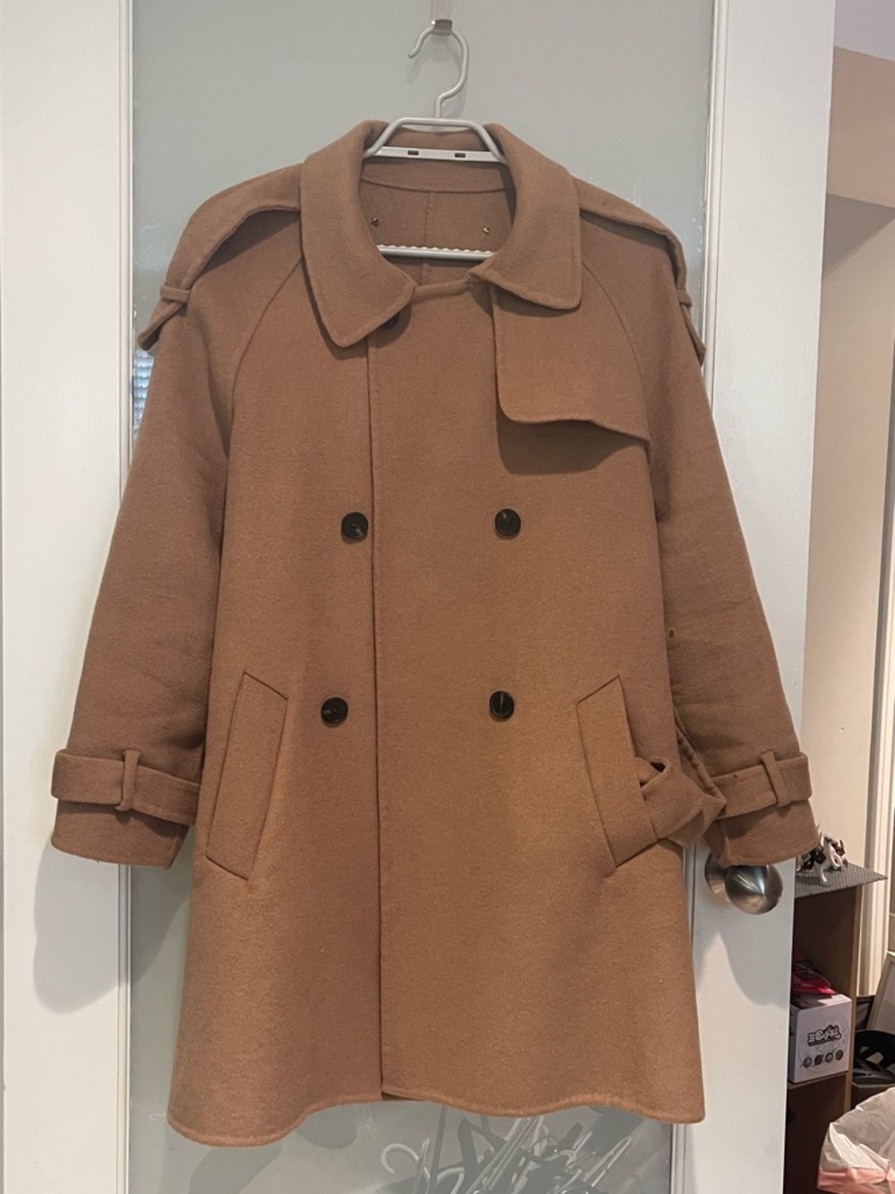 Double-Breasted Wool Blend Car Coat in Camel